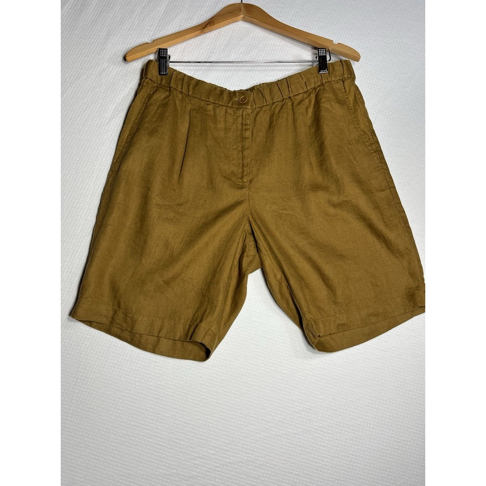 Eileen Fisher Organic Linen Pleated Shorts Tan Beige Elastic Waist Medium